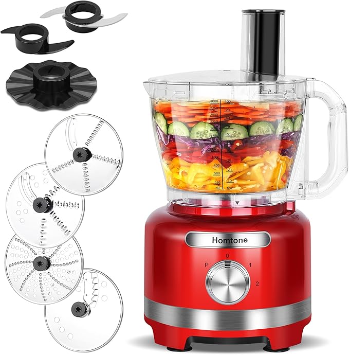Homtone 16 Cup Food Processor Large, 9 Functions 7 Blades 3 Speeds for Shredding, Slicing, Making French Fries, Chopping Meat, Kneading Dough & Emulsifying, 600W