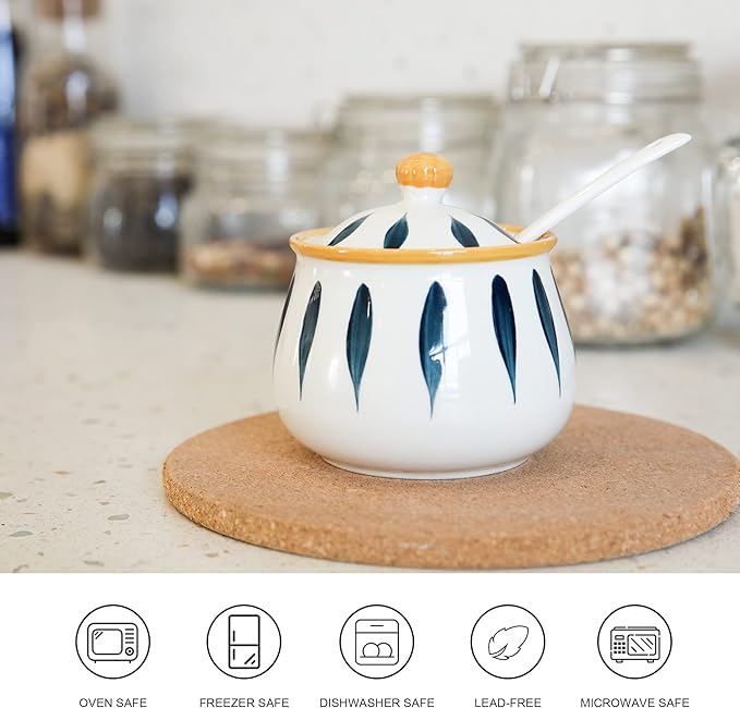 Ceramic Sugar Bowl with Lid and Spoon – 12 oz Sugar Container for Kitchen Counter, Coffee Bar and Home, Farmhouse Sugar Jar for Coffee, Tea, and Baking, Sugar Pot Dishwasher Safe