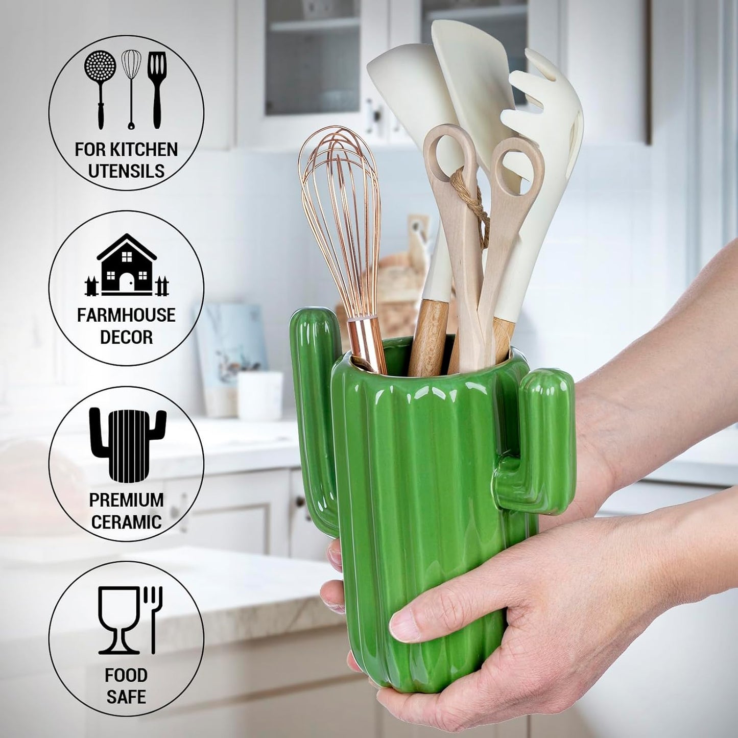 MyGift Ceramic Cactus Utensil Holder, Southwestern Green Countertop Crock – Durable Kitchen Organizer for Spoons, Paintbrushes, Desert & Cactus Home Decor