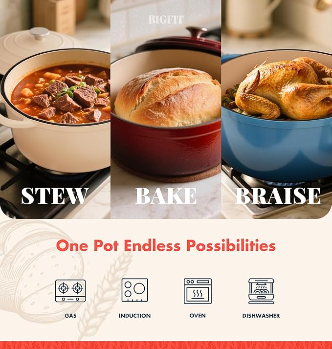 Cast Iron Dutch Oven for Bread Baking, With Banneton Bread Proofing Basket & Sourdough Baking Supplies, 5QT Multi-Functional Enameled Dutch Oven Pot with Lid, Cast Iron Bread Pan, White
