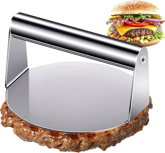 5.5 Inch Stainless Steel Burger Press, 2025 Upgraded Non-Stick Hamburger Smasher Tool & Grill Press, Barbecue Grilling Accessories for Grill, Griddle, Bacon & Sandwich, Dishwasher Safe (Round)
