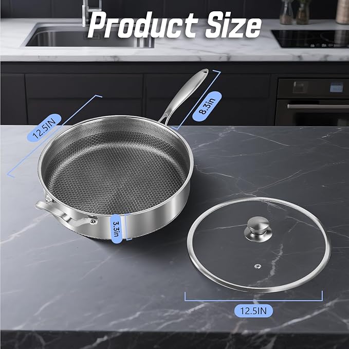 Toutrop Frying Pans Nonstick wih Lid, Non Stick Tri-Ply Stainless Steel Saute Pan, 7 Quarts Large Sauté Pan, 12 Inch Induction Cooking Pan, Dishwasher and Oven Safe, PFOA Free