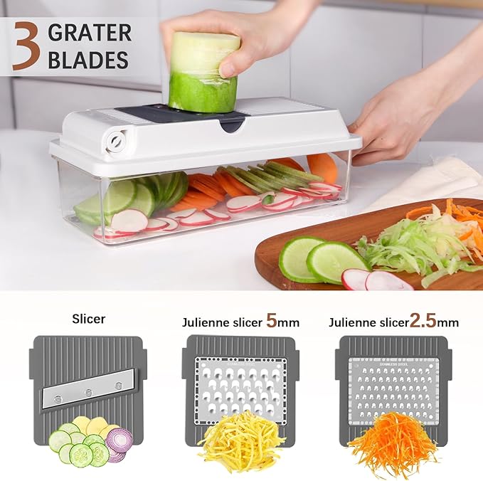 LHS Professional Multifunctional Vegetable Chopper Pro Food Chopper with Food Storage Containers, Mandoline Slicer Onion Dicer Fruit Cutter, Kitchen Gadgets and Home Essentials(7 in 1, White)