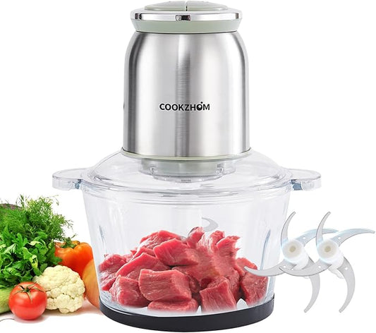 COOKZHOM Food Processor 8 Cup, 500W Electric Food Chopper,Meat Grinder with Glass Bowl and 2 Sharp Blades Set for Vegetable, Meat, Nuts, Functions for Chopping, Dicing, Mixing and Puree
