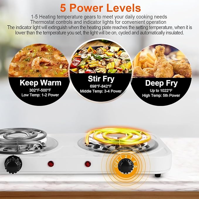 Portable Double Burner Electric Coil Heating Hot Plate Stove Countertop RV Hotplate Temperature Controls Easy to Clean 2000W