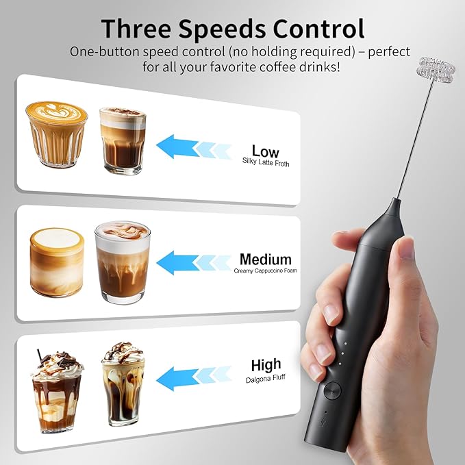 BZPP Kitchen Milk Frother Handheld with Stand, 3 Speeds Adjustable Mixer Electric Handheld Frother Wand, Hand Mixer Matcha Whisk Coffee Stirrers for Matcha, Hot Chocolate, Egg, Lattes - Black