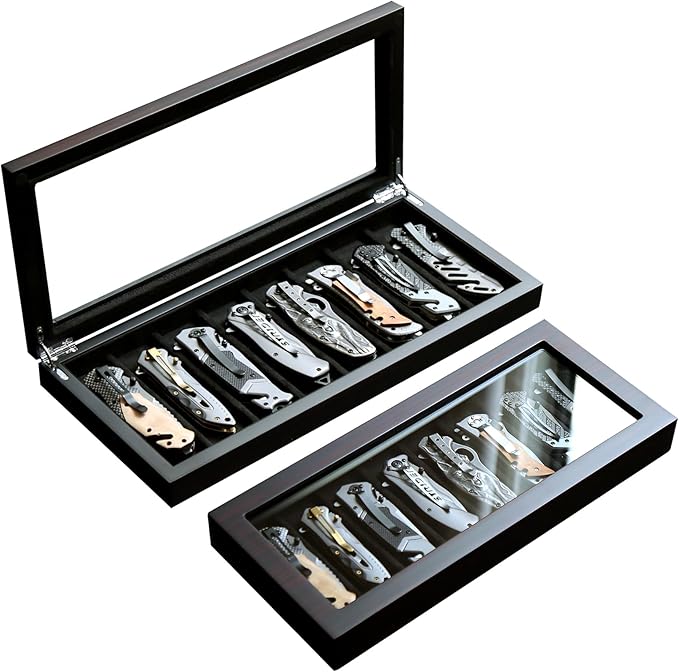 Bonaking Knife Display Case for 8 Pocket Knives - Pocket Knife Case Storage Box for Men's Gift - Knife Cases for Collections with Ebony Finish and Glass Window Top