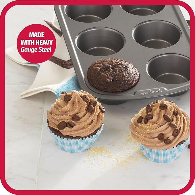 GoodCook Everyday Nonstick Steel Muffin Pan, 6 cup, Gray