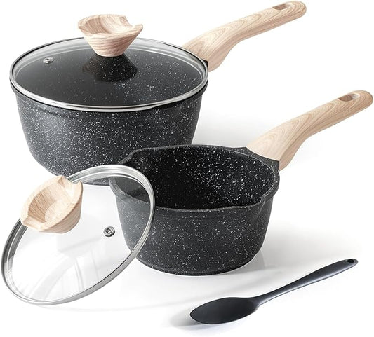 Kordisen Sauce Pan Set with Lid, 1.5Qt & 2.5 Qt Nonstick Cooking Pots with Pour Spout, Easy to Clean, Small Kitchen Induction Saucepan with Granite Coating, PFOA/PFOS Free (Black)