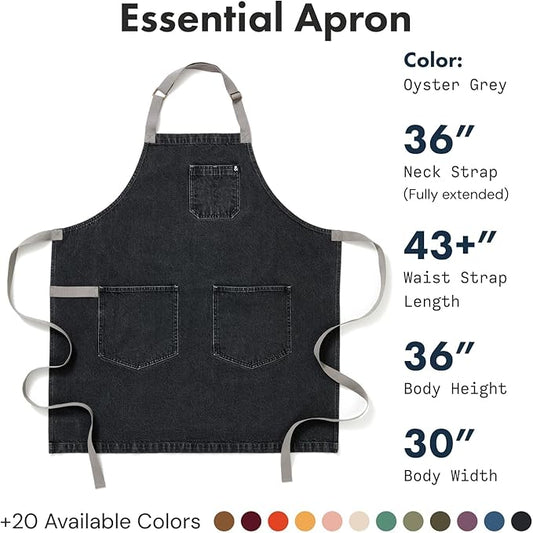 hedley & bennett Essential Apron - Heavy-Duty Denim Kitchen Apron with Pockets & Towel Loop - Professional Chef Workwear for Cooking & Grilling - Oyster Gray