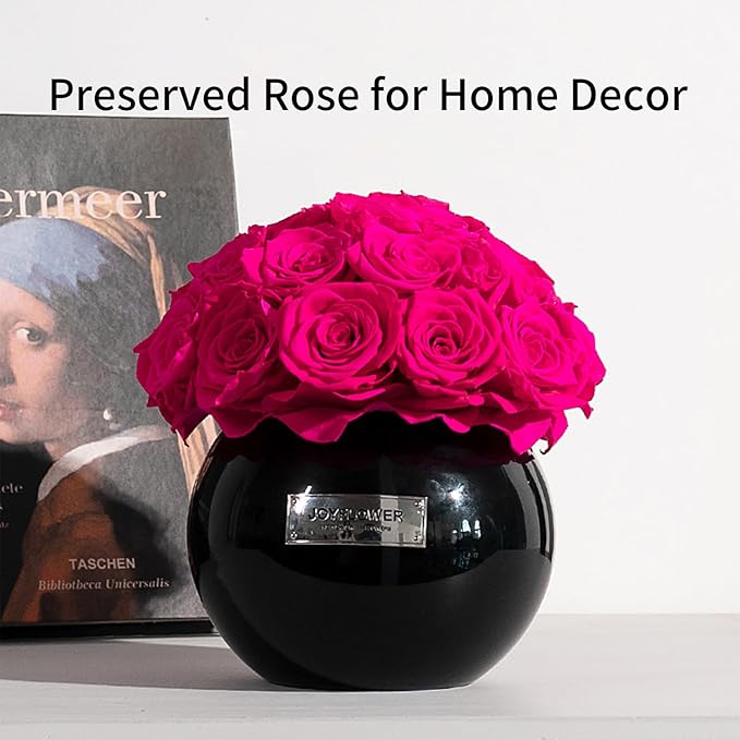 JoyFlower Preserved Flowers Vase Glass Decor, Eternal Flower Vases for Centerpieces, Forever Flower Decorations for Party Home Wedding Table Living Room Bedroom, Black Glass Vase House Decor(Fuchsia)