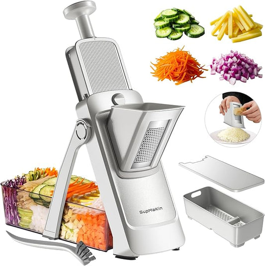 SupMaKin Upgrade Safe Mandoline Slicer,Multi Vegetable Chopper,Potato Slicer, Onion Chopper with Drain Basket Storage Container, Cheese Grater Kitchen Chopping Artifact (SliverGray)