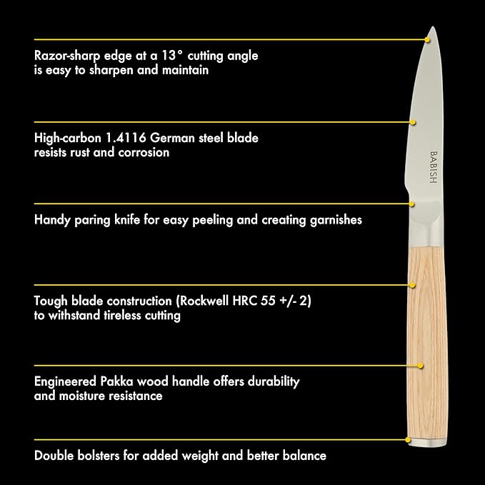 Babish 1.4116 German Stainless Steel Paring Knife with Light Pakka Wood Handle – 3.5-Inch Precision Kitchen Knife for Peeling, Trimming & Prep Work, Full-Tang Blade