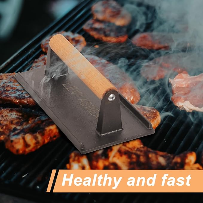 2.2 lb Heavy Duty Cast Iron Grill Press, 7.8X3.9 inch Rectangle Bottom Granular Burger Press with Wood Handle for Blackstone, Chef, Camp, Panini, Vegetable, Bacon, Sandwich, BBQ