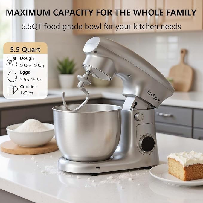 SeaSpark Stand Mixer, 3 in 1 Stand Mixer, 5.5Qt Electric Mixer, Mixer with Stainless Dough Hook, Wire Whip & Beater, Food Mixer for Baking, Cake and Most Home Cooks, Silver