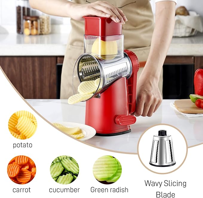 Rotary Cheese Grater with 4 Blades, Large Hand Crank Cheese Grater with Waffle Slicer, Black and White Cheese Slicer with Suction Base, Easier for Shredding& Grating (red, 4 Graters)