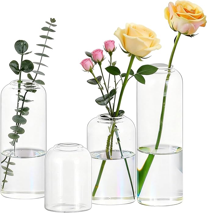 Glasseam Glass Bud Vase for Centerpieces, 4pcs Small Flower Vase Set for Single Rose Bouquet, Modern Minimalis Clear Table Centerpieces for Home Decor Living Room Bathroom Kitchen Wedding Party