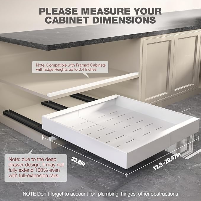 2 Pack Pull Out Cabinet Organizer 24" Deep,Full Extension 3 Slide Rails Slide Out Drawers With Raising Pad for Framed Cabinets,Expandable Width (12.3"-20.5"),No Drill Roll Out shelf,White
