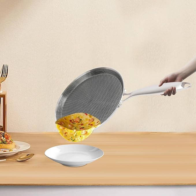Stainless Steel Crepe Pan 11-inch, Honeycomb Nonstick Pancake Pan with Extended Handle, Multi-Layer Fast Heating Cooking Pan for Gas/Induction Stoves