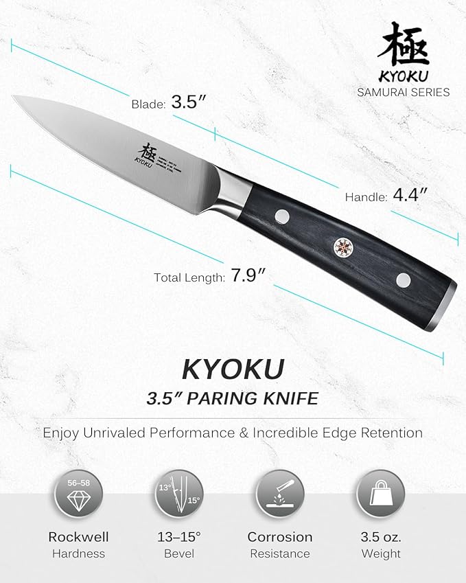 KYOKU 3.5" Paring Knife, Samurai Series Peeling Knife with Pakkawood Handle, Japanese Style High Carbon Steel Sharp knife, Full Tang Small Knife for Fruit Peeling & Slicing with Sheath and Case