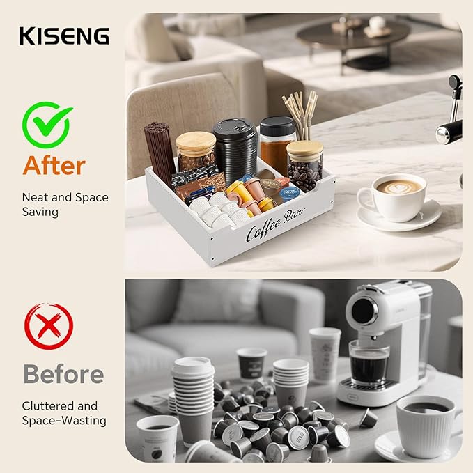 Coffee Pod Bar Station Wooden 14" X 10" X 4" Organizer Box for Countertop, Counter Top Tea Espresso Cup Wood Storage Box, White