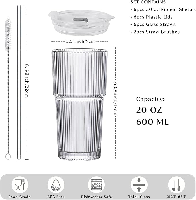 INSETLAN 20 oz Ribbed Glass Tumblers with Lids and Glass Straws – 6-Piece Glassware Set, Thickened Wall, Ideal for Iced Coffee, Smoothies, Cocktails, and Juices – Elegant and Durable Drinkware