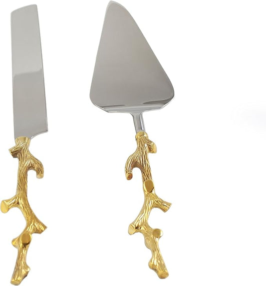 RS Accessories LLC Server Set, Cake, Pie, Desert Flatware Set, Tree Branch Design, 2-Piece 18/10 Stainless Steel with Brass Handles (Light Antique Gold Finish)…