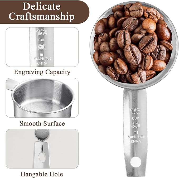 Lainballow 6 pcs 1/3 Cup Measuring Cup, Stainless Steel Measuring Cups, 80 ml | 80 cc | 3 oz | Engraved Marking Single Measuring Scoops, Metal Measuring Cup for Kitchen Baking & Cooking