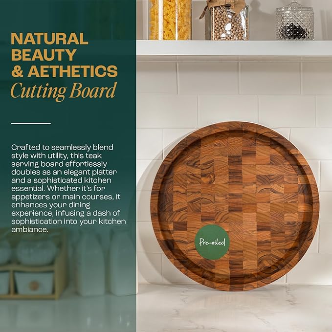 Yes4All Round Teak Cutting Boards for Kitchen, [16"D x 1"Thick] End Grain Cutting Board, Teak Wood Serving Board, Food Safe Surface for Slicing and Serving, Wood Charcuterie Board with Build In Handle