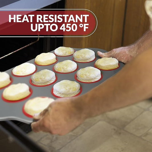 Boxiki Kitchen Non-Stick 12 Cup Silicone Muffin Pan With Steel Frame - BPA Free, Non-Toxic, Anti-Warp, Durable & Easy to Pop Silicone Muffin Tin - Perfect Cupcake Pan