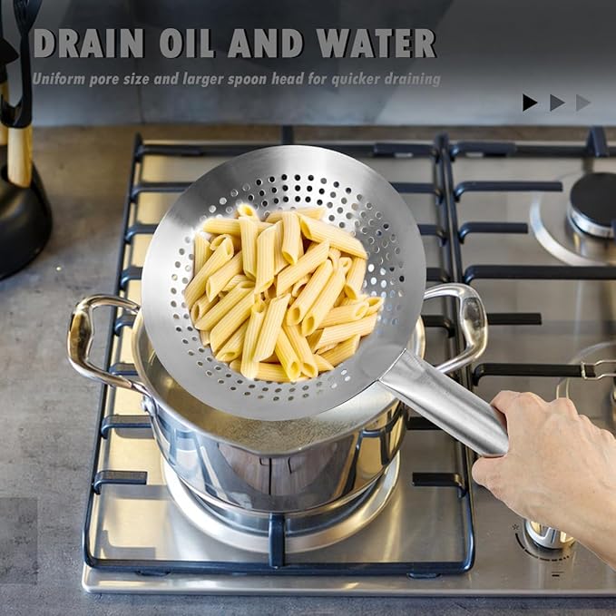 DOERDO Oil Skimmer Pasta Strainer 10 Inch Stainless Steel Kitchen Utensils Wire Strainer Pasta Strainer Spoon Food Strainer, 26CM