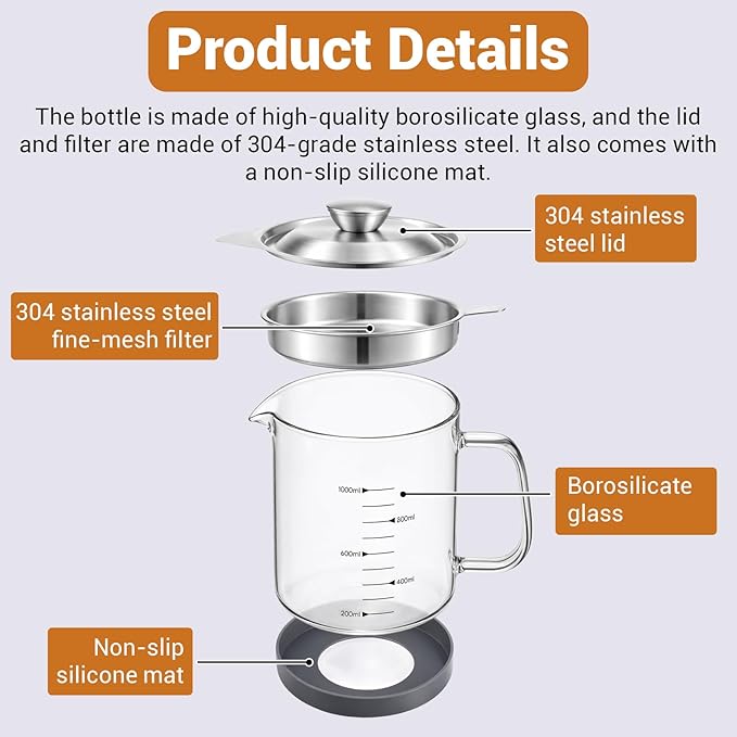 Glass Bacon Grease Container with Strainer Cooking Oil Storage Can Food Strainers with Stainless Steel Filter Lid Silicone Nonslip Pad for Storing Fats Frying Oil Cooking Grease (1l / 35oz)