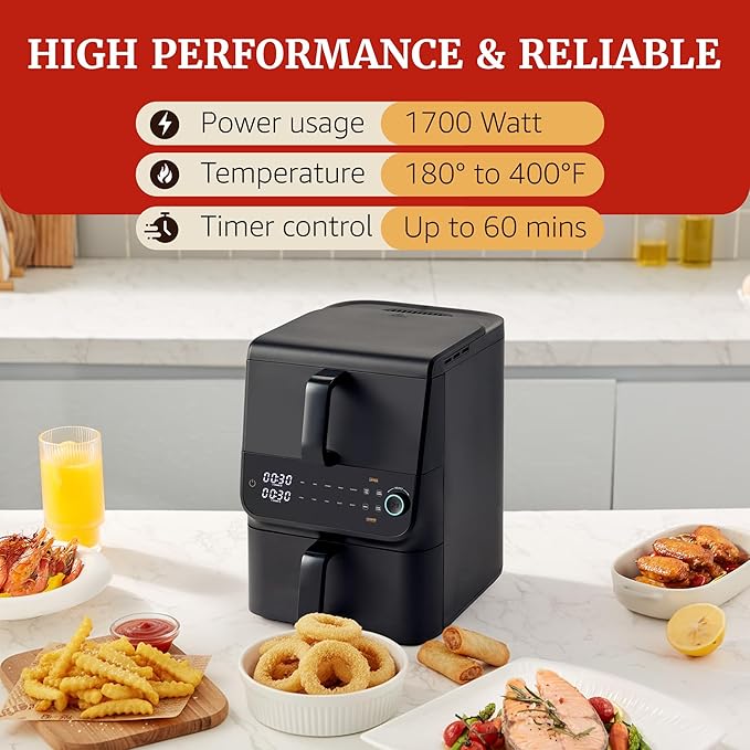 Elite Gourmet Dual Stacked Air Fryer, 10.5 Qt Capacity, PFAS Free Nonstick, 10 Presets, SYNC Cook & SYNC Finish, Adjustable Time & Temp, 1700-Watts, 34 Delicious Recipes, Black