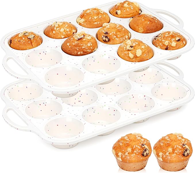 AOTASO 2 Pcs Silicone Muffin Pan for Baking with Metal Frame, Nonstick 12 Cup Regular Size Cupcake Pan, Silicone Muffin Tray for Egg Bites (Cream)