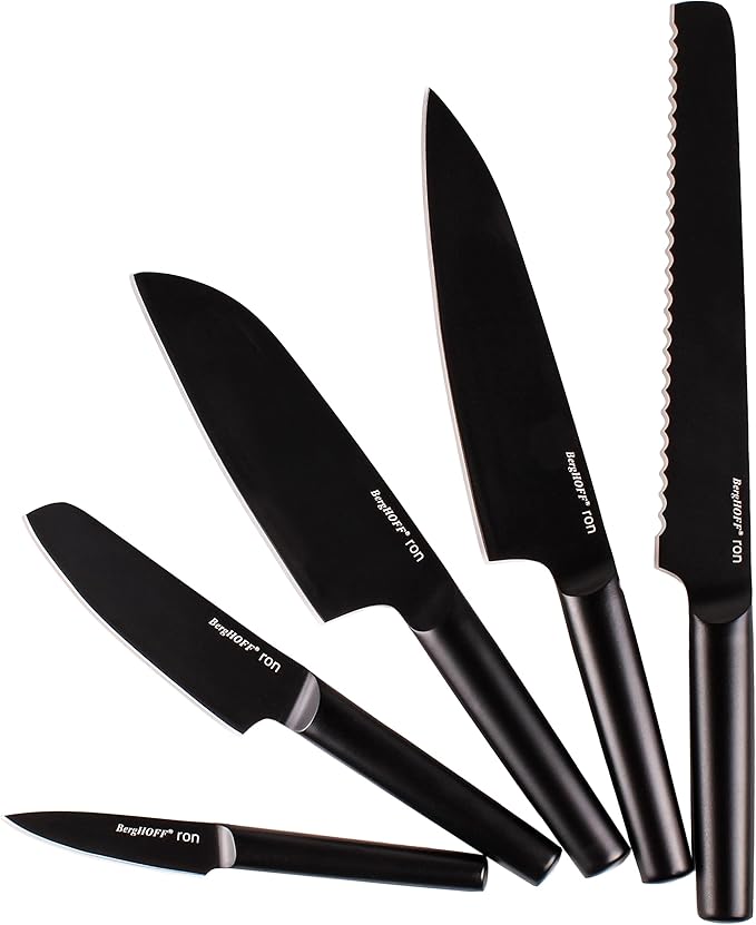 BergHOFF Ron 5Pc Non-stick Kitchen Knife And Wood Block Ergonomically Designed Handle Double-coated Titanium Sharp & Well Balanced Seamless Transition