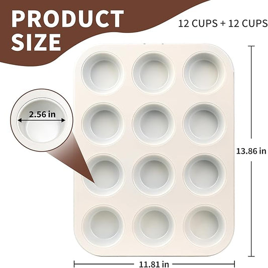 Rixordd 2-Pack Healthy Baking Cupcake Pan| Non Stick 12-Cup Muffin Pan | Durable & Easy Clean Muffin Tin | Perfect for Cupcakes, Muffins (White)