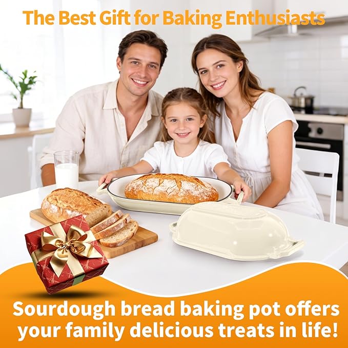 Oval Dutch Oven for Bread Baking, 6QT Enameled Cast Iron Oval Dutch Oven Pot with Lid and Dual Handles, Ceramic Sourdough Bread Baker with Bread Dome, Cooking, Frying, Non-stick Enamel Coated Cookware