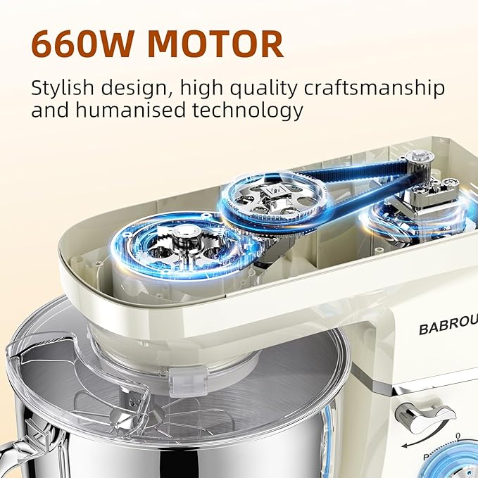 Babroun Dough Mixer 8.45 QT Electric Mixer - 660W 6 Speed Large Capacity Kitchen Stand Mixer with Whisk Dough Hook Mixing Beater Household Food Mixer for Baking Cakes Cookie Bread Salad