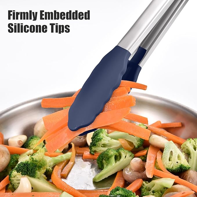 Doosu Kitchen Tongs for Cooking - 600°F Heat Resistant Food Tong with Non-Scratch Silicone Tips, Heavy Duty Stainless Steel Locking Tong for BBQ, Grilling Steak, Serving Salad Pasta (16in, Navy Blue)