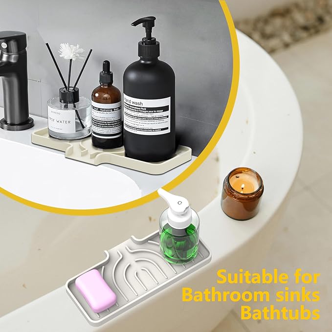 Sponge Holder for Kitchen Sink, Soap Tray for Sink & Counter, 9.8"×4.9" Soap Dish Mat, Silicone with Drain, Perfect for Dispenser, Scrubber, Bottle, Cup (Cream)