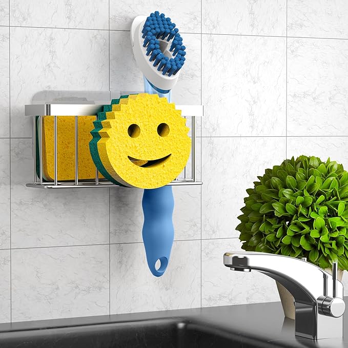 Sponge Holder Smiley Face, for kitchen Sink,Sponge Holder with 2 PCS Suction Cups/1 PCS Adhesive Strips,Designed for Sponge,Soap,Dish brush,Scrubber-Silver