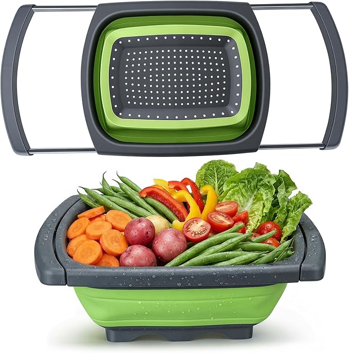 Collapsible Colander Strainer, 6 Quart Over the Sink Colander with Ergonomic Non-Slip Handles, Durable Silicone Strainer for Veggies Fruits Pasta, Dishwasher Safe Space-Saving Kitchen Essential