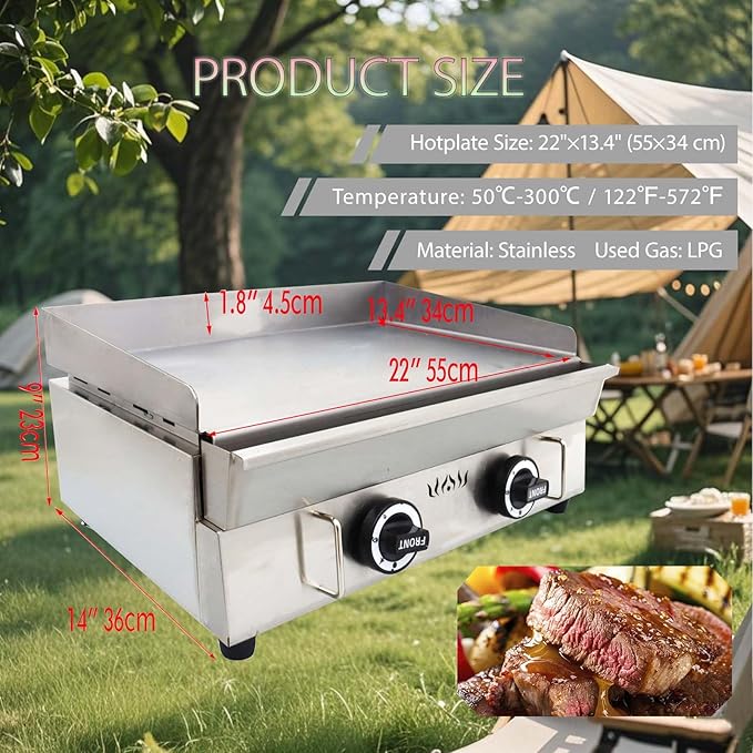 2800Pa 22" x 13.4" Stainless Steel Commercial Home Gas Grill Griddle, LPG Countertop Flat Top Grill with 6MM Thick Steel Plate, Ideal for Camping, Outdoor and Kitchen Use