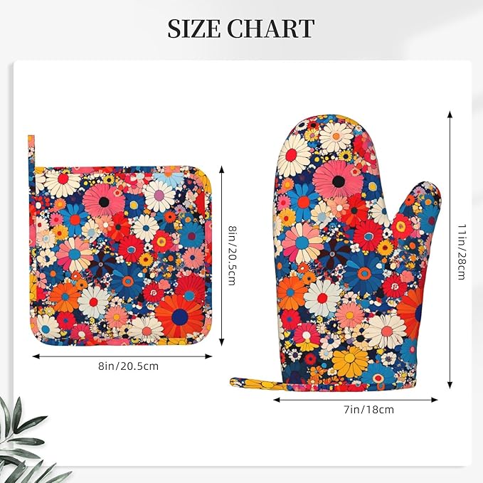 Oven Mitts and Pot Holders Japanese Art Colorful Flower Silicone Kitchen Accessories Set of 4 Heat Resistant Long Gloves Potholder Non-Slip Grip for Chef Cooking Baking Grilling BBQ