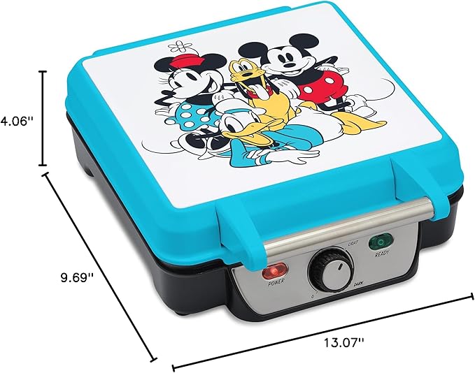 Disney Mickey & Friends Four Waffle Maker by Select Brands - Cute Appliance for Small, Square Waffles - Mickey Mouse Waffle Machine - Disney-Themed Appliance with Ceramic Nonstick Coating