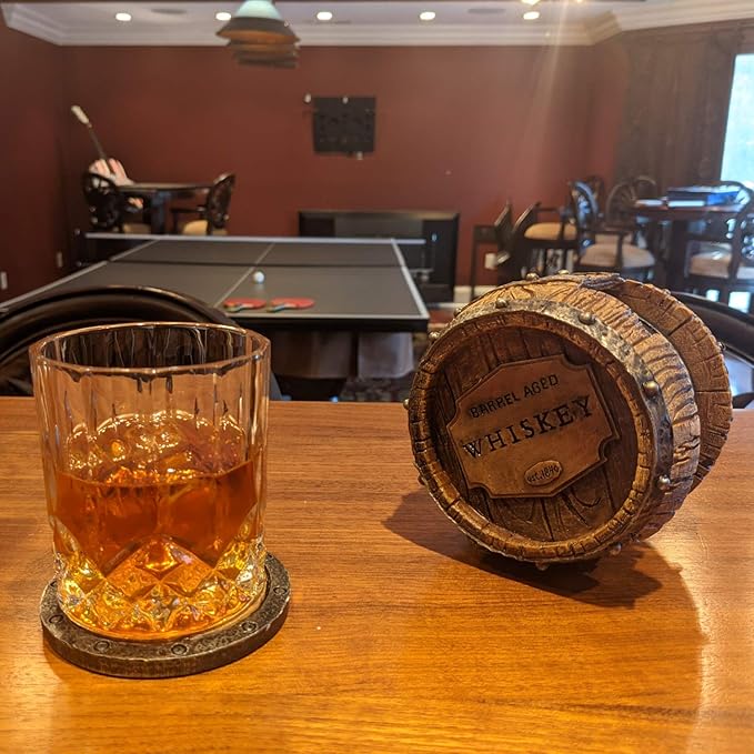 Pine Ridge Whiskey Bourbon Barrel Coaster Set - 5 Rustic Pieces for Bar Decorations for Home, Coasters for Men, Ideal Bar Coasters for Whiskey and Bourbon Drinkers, Man Cave Essentials