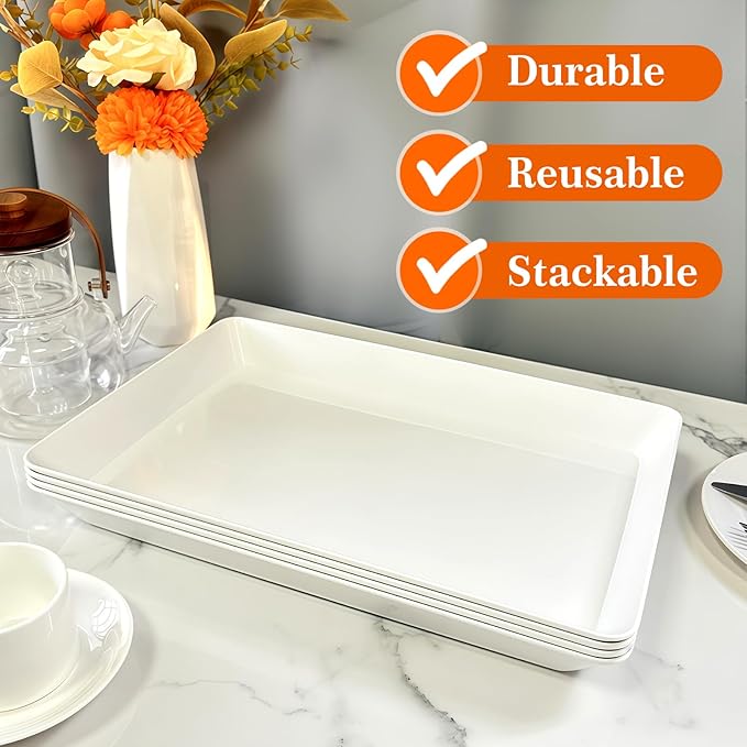 Serving Tray Platter, 4 Pcs Food Tray for Veggie Fruit Snack Dessert Cookie Cheese, Food Trays for Party Supplies Display, Plastic Platters for Serving Food, Large White Trays, BPA Free