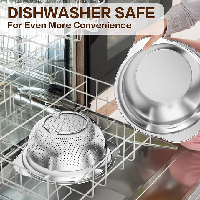 Stainless Steel Colanders 2-quart with Mixing Bowls, Strainers and Colanders, Strainer for Kitchen for washing soaking vegetables, fruit, rice, Microporous Colander, Dishwasher Safe