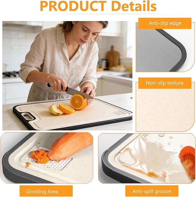 Titanium Cutting Double-Sided Kitchen Chopping Board,– Titanium & Wheat Straw PP Chopping Board, Easy to clean, Ideal for Meat, Vegetables, Fruits & Home Meal Preparation,15" x 10"