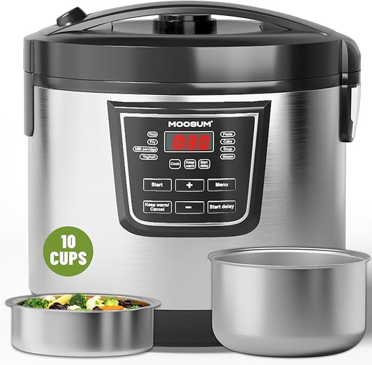MOOSUM 20 Cup Cooked (10 cup uncooked) Rice Cooker with 8 Functions, Healthy Cooking Stainless Steel Pot & Steamer, Removable Inner Cover, Silver